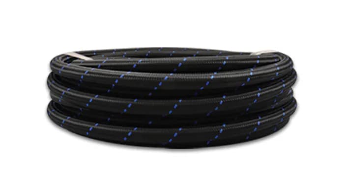 Nylon Braided Flex Hose; -6AN; 0.344 in. Hose ID; 0.5625 in. Hose OD; 500 PSI Operating Pressure; 2000 PSI BP; 10ft. Roll; Black/Blue;