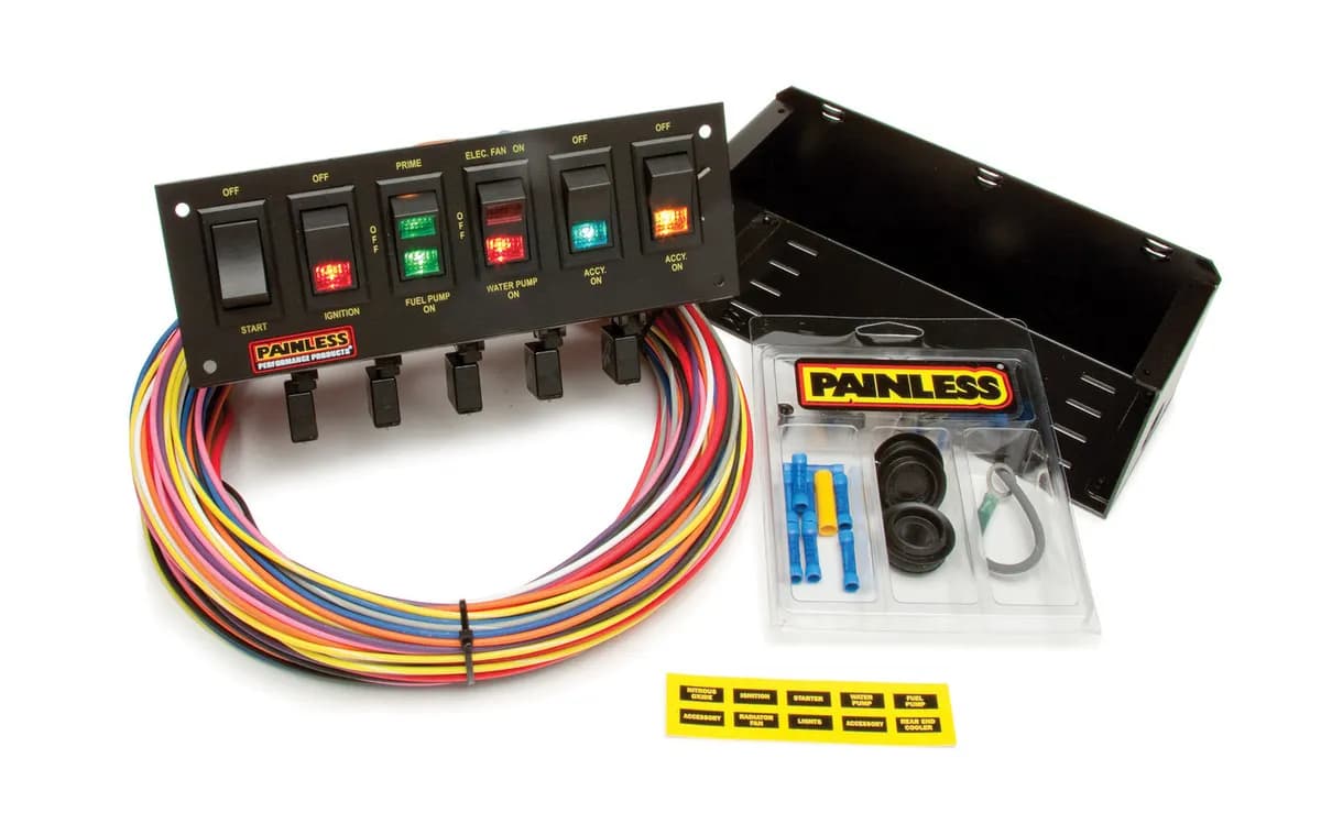 6-Switch Rocker Circuit Breaker Panel; Incl. Color Coded Lighted Rocker Switches/18 ft. Of Colored TXL Wire/Vibration Resistant Terminals; Black Finish;