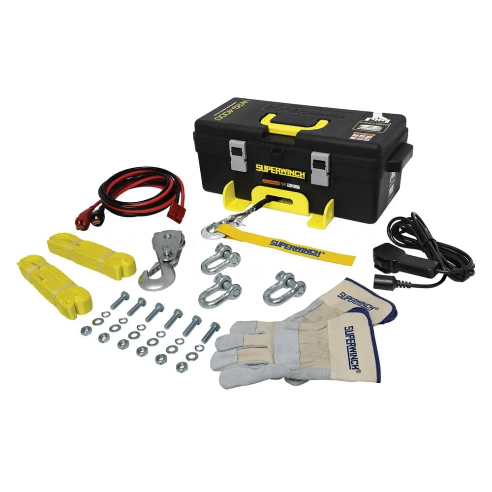 Winch2Go 12V DC Electric Portable Utility Winch 4000lb(1814.4kg) Single Line Pull with Steel Mounting Plate Integrated Hawse Fairlead 7/32 in. x 47 ft. Synthetic Rope Handheld Remote - 1140232