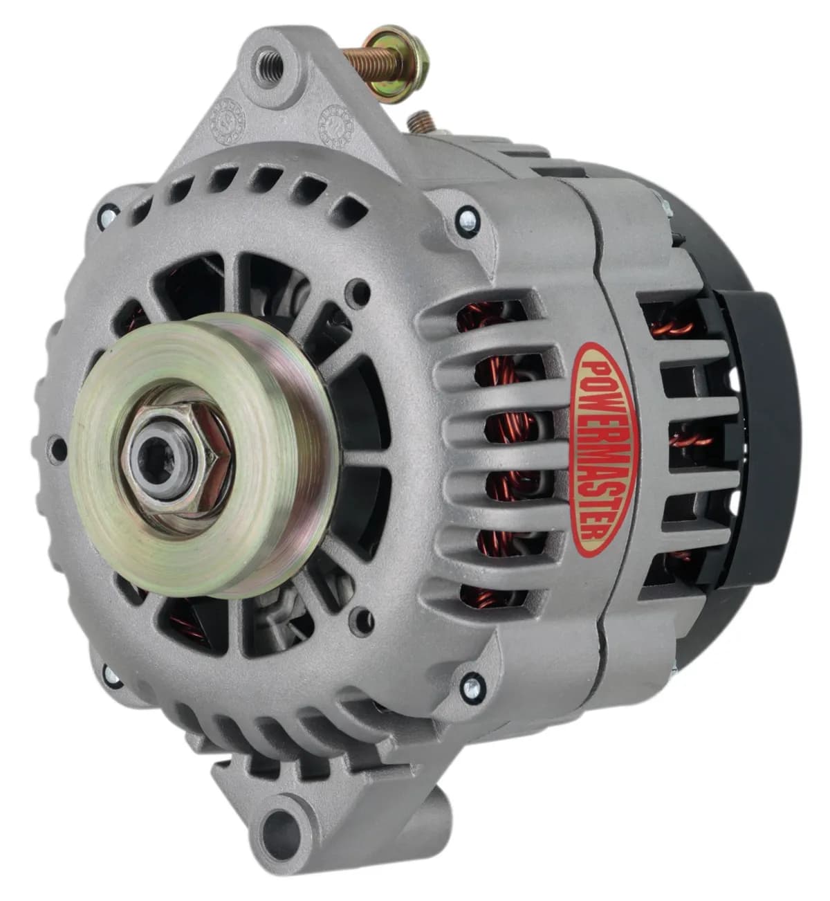 Racing Alternator; GM AD230; 165 Amp; 1 Groove V Type Pulley; 6.61 in. Straight Mount; Side Battery Post; Natural Finish;