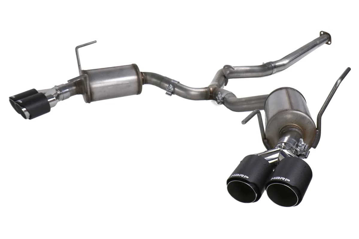 Armor Pro Cat Back Exhaust System; 3 in.; Quad Split Rear Exit; T304 Stainless Steel; Incl. 3.5 in. OD Dual Out Carbon Fiber Tips;