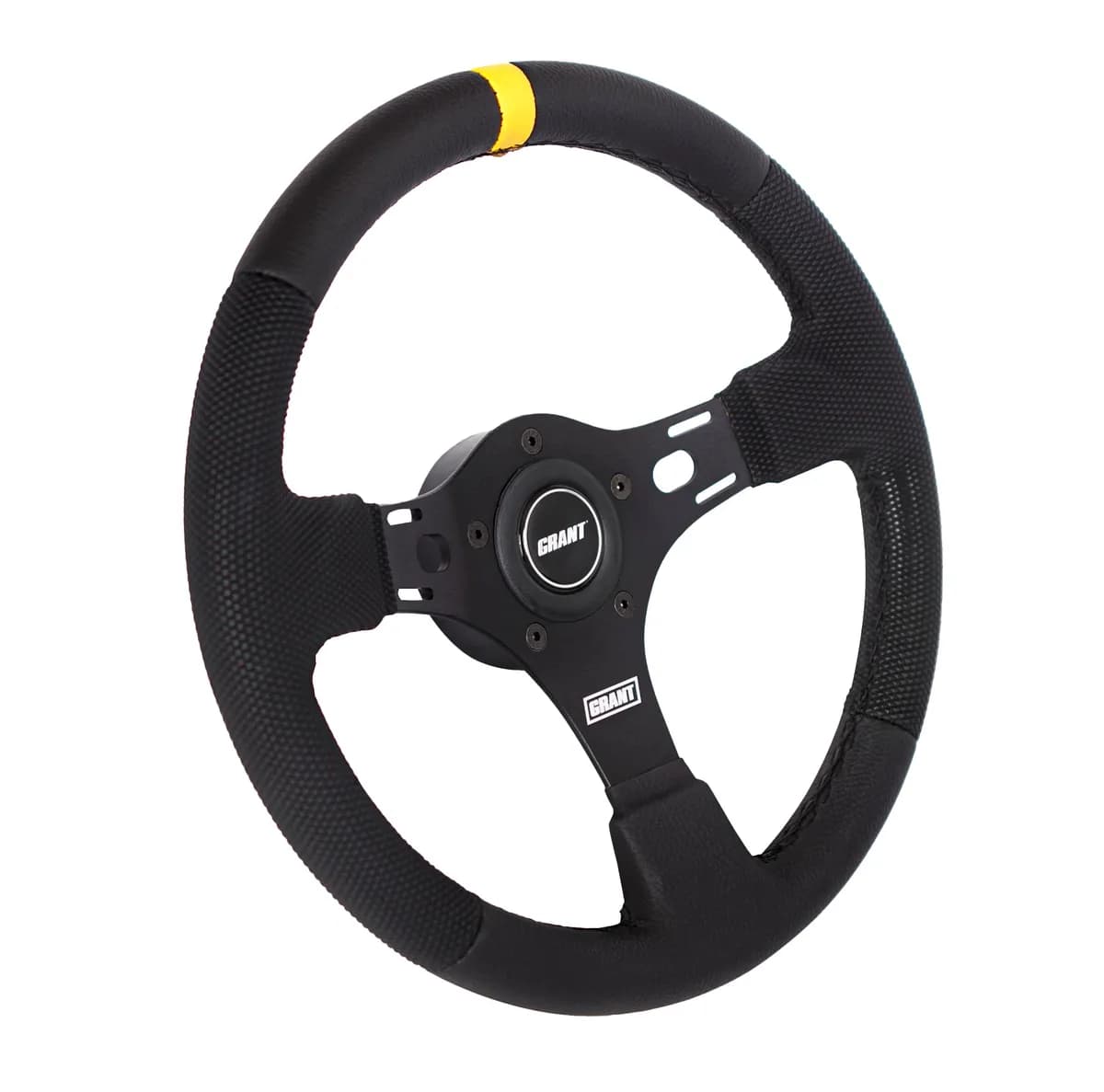 Pro Stock Steering Wheel; 13 in. Diameter; 3 in. Dish; Black Diamond Textured Vinyl w/Yellow Top Marker; Fits 5 or 3 Hole Adaptor;