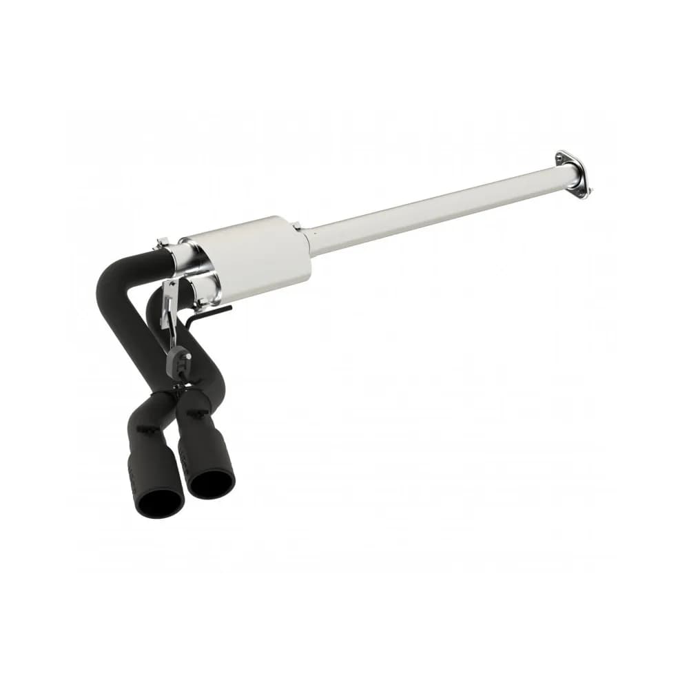 Armor BLK Cat Back Exhaust System; 3 in.; Incl. Front Pipe/Muffler/Tailpipes/Hrdw/4 in. OD Tips; Pre Axle Single Side Dual Outlet; Black Coated; Excludes Factory Dual Exhaust;