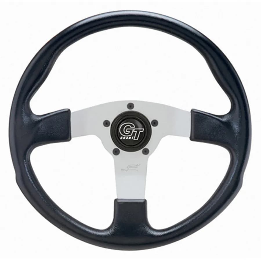 GT Rally Steering Wheel; 13 in. Diameter; 3 in. Dish; Black Cushion Grip; Silver Anodized 3-Spoke Design;