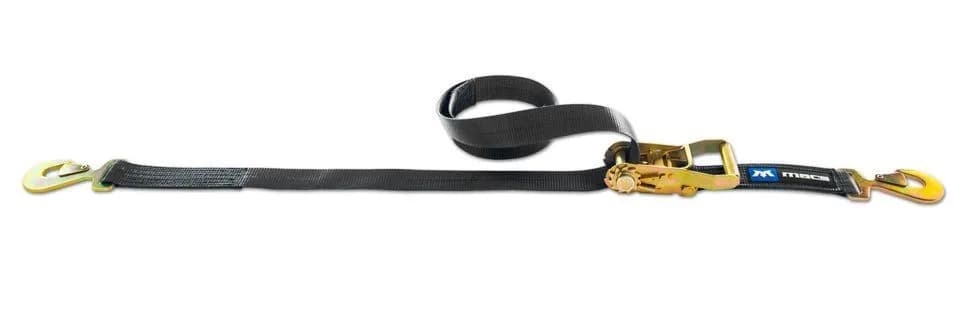 Ratchet Strap Black 2in x 8ft Sewn Fixed End With 10k Flat Snap Hooks
