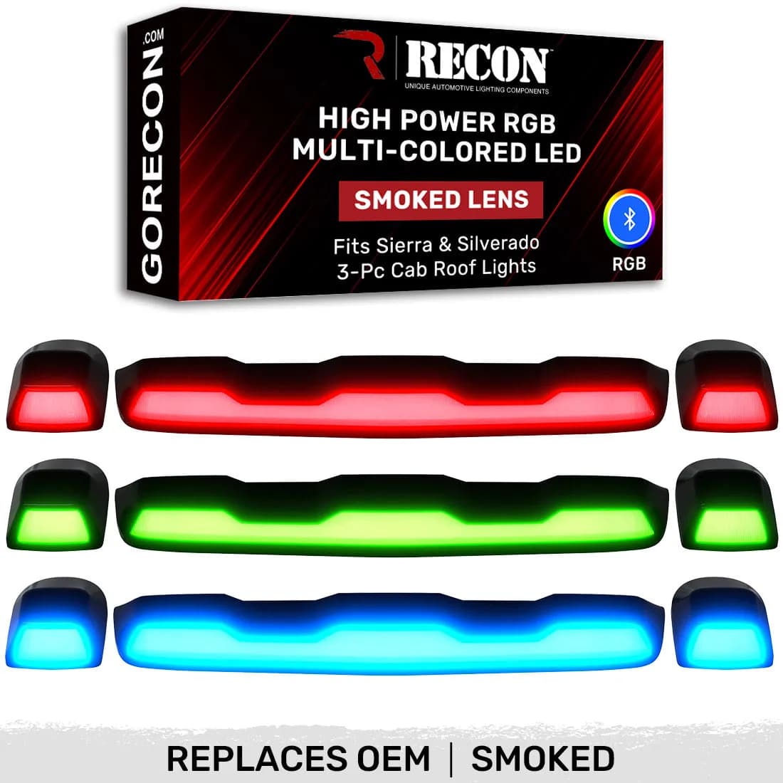 Gmc Chevy 20-23 4th Gen Body Style Heavy-Duty 3-Piece Set Smoked Cab Roof Light Lens With RGB Multi-Colored High-Power LED s - Complete Kit With Wiring Hardware - Attn Cab Lights Are User Controlled by Bluetooth Using App Thru Mobile Phone ta