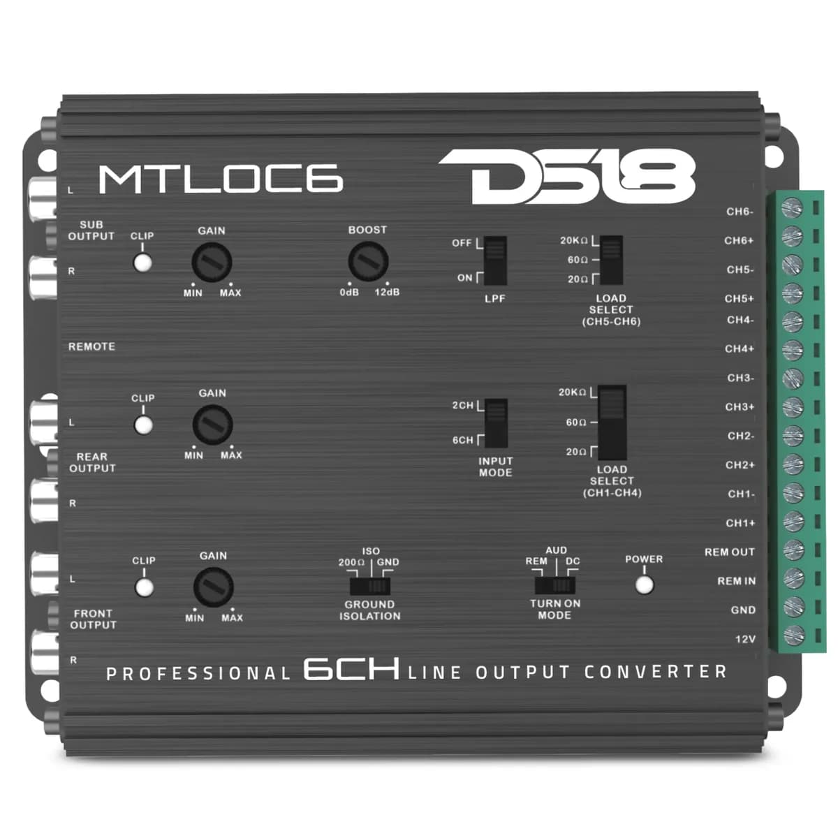 6-Channel | Speaker Emulator | Remote Out | Level Matching Controls | LED Clip Indicator | Load Selector | Input Mode Selector | Ground Insolation
