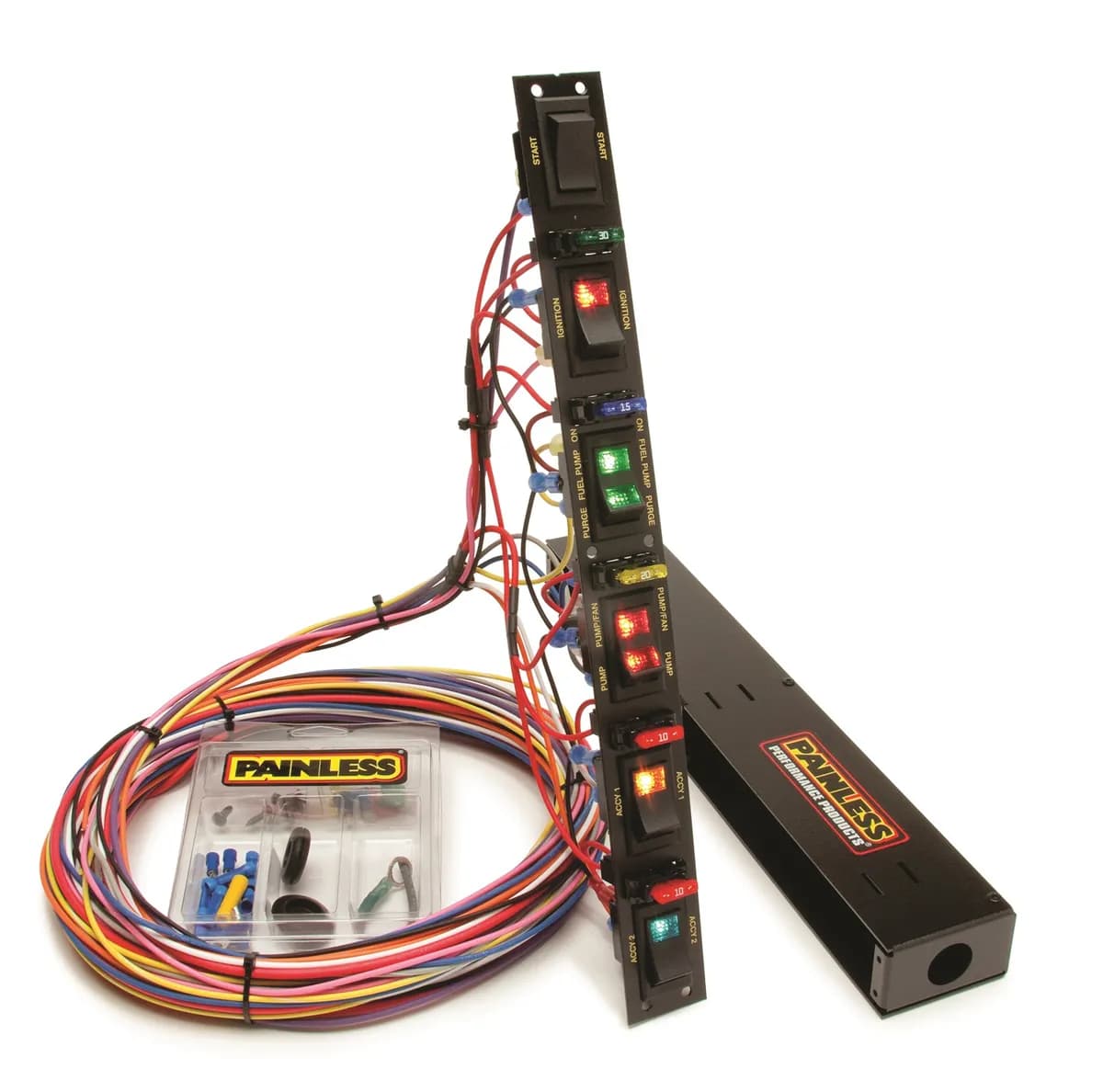 Fused Dragster Vertical 6 Switch Panel; Controls Start/Ignition/Fuel Pump/Water Pump/Fan+/[2] Access; Incl. Wiring/Hrdw; [+3-Position Switch; Water Pump/Off/Water Pump And Fan];