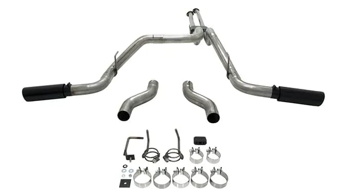 09-14 Toyota Tundra, 5.7L, 4.6L, V8, 145" WB, Super 10 Muffler, 16G Mandrel Bent Tubing, Dual 3" Tailpipes, 4" Logo Embossed Black Tips, Outlaw, DOR/S, 409S Stainless Steel. Note. Will not fit regular cab/short bed or double cab/long bed. Only fits 2009 m