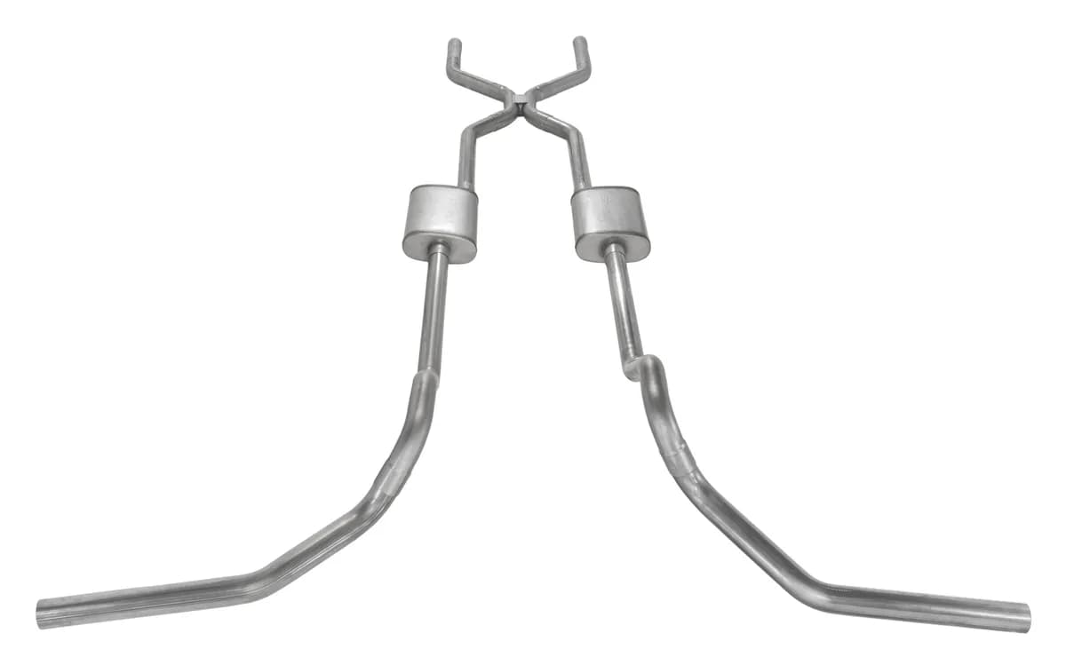 Crossmember Back w/H-Pipe Exhaust System 67-74 GM Split Rear Dual Exit 2.5 in Intermediate And Tail Pipe Race Pro Muffler/Hdw Incl Tip Not Incl Natural Finish 409 Stainless Steel Pypes Exhaust