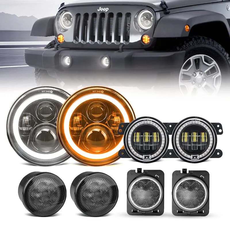 "JK LED Bundle | 7"" 80W Headlights with DRL and Turn Signals, 4"" Halo Fog Lights, Front & Fender Turn Signals"