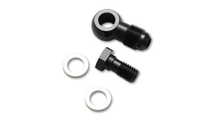 Banjo Hose End Fitting Assembly; -6AN Banjo Size; M14x1.5 Metric Bolt Size; 6061 Aluminum; Black Anodized; Single Male;