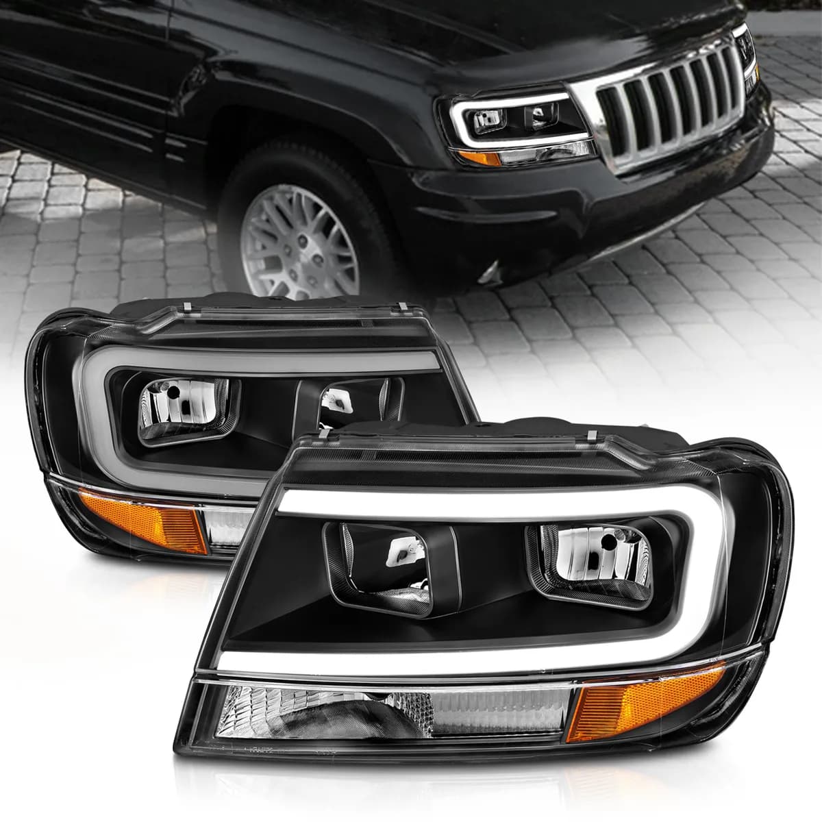 Crystal Headlights w Light Bar Black Housing Jeep Grand Cherokee 1999-2004