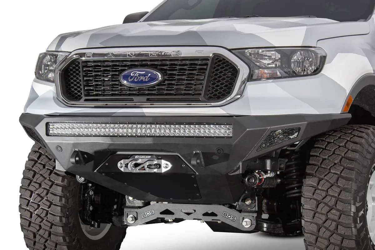 Ford Ranger Stealth Fighter Front Bumper with Winch mount and SENSOR CUTOUTS with 10 duallyuniversal 40in Mounts with D-ring Clevis Mounts and Dually Mounts on Sides in Hammer Black with Satin Black panels