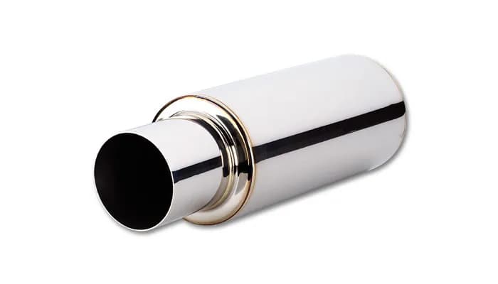 TPV Muffler; 4 in. Round Straight Cut Tip; 4 in. Inlet ID; 4.5 in. L-Tip; 21 in. Overall L; 4 in. OD; 14 in. Muffler Body L; Stainless Steel;