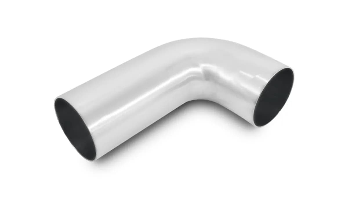 90 Degree Tight Radius Aluminum Bend; 2 in. OD; 1.5 in. Centerline Radius; 5x2 in. Leg Length From Tangent; 2MM Wall Thickness; 6063 Aluminum; Brushed;