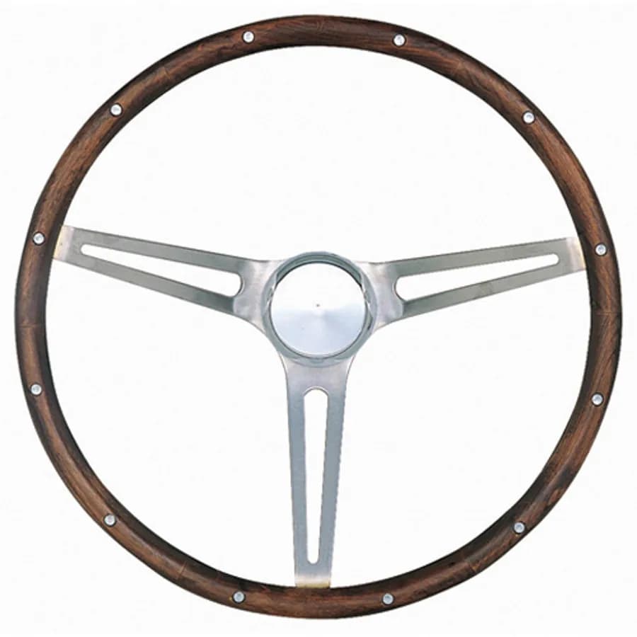 Classic Series Nostalgia Steering Wheel; 15 in. Diameter; 4 1/8 in. Dish; Hardwood Grip; Brushed Stainless Steel 3-Spoke Design;
