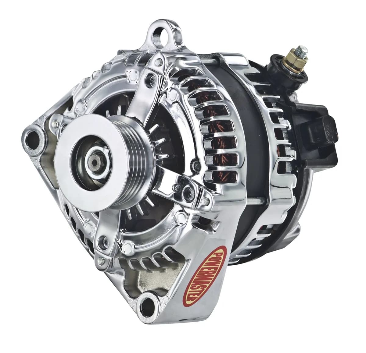 Alternator; GM; 175 Amp; 3 Wire Hair Pin Style; 2 In. Mtg Spools; CS130D; AD230; 6 Groove; 175 Top/145 Idle; Chrome;