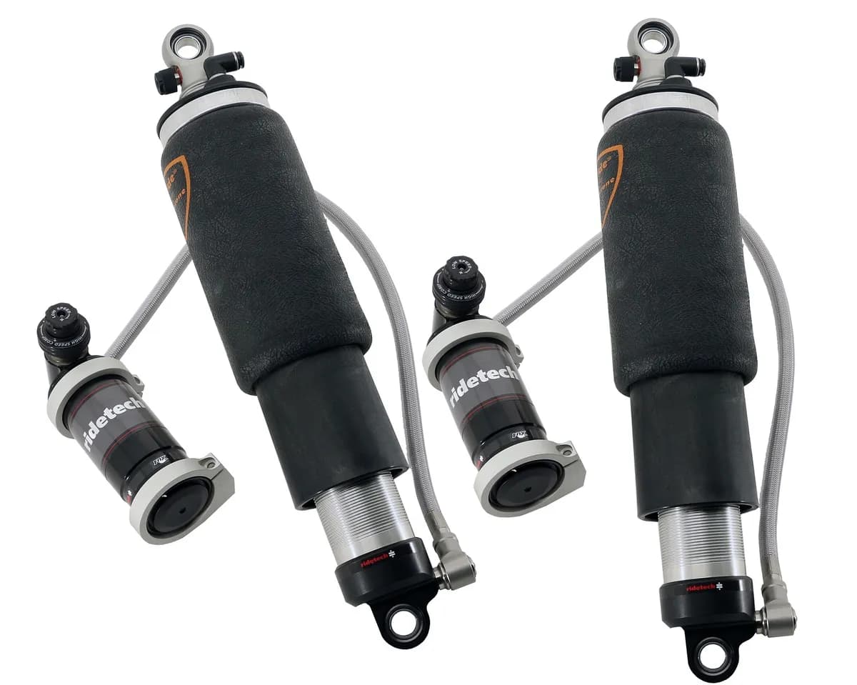 Rear TQ Shockwaves 7000 Series W/ 4.1 Inch Stroke 1.7 Inch Eye Pair Of Triple Adjustable Shock waves 4 Inch Rolling Sleeve W/ 1/4 Inch Fittings And Bearing Spacers 1/2 Inch And 5/8 Inch 10.75 Inch X 14.25 Inch W/ A 12.5 -12.75 Inch Ride Height Ridetech