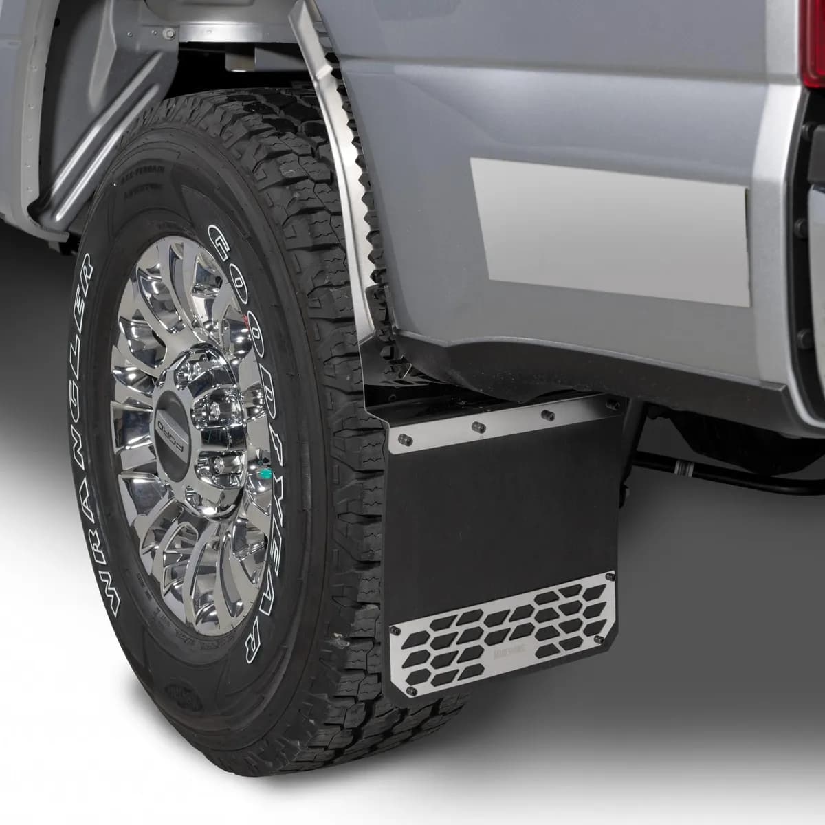 2011-2016 Ford Super Duty Dually - Fits Rear - Set of 2 Mud Flaps Mud Skins - Brushed Stainless Steel Featuring Hex Shield Pattern Made in USA