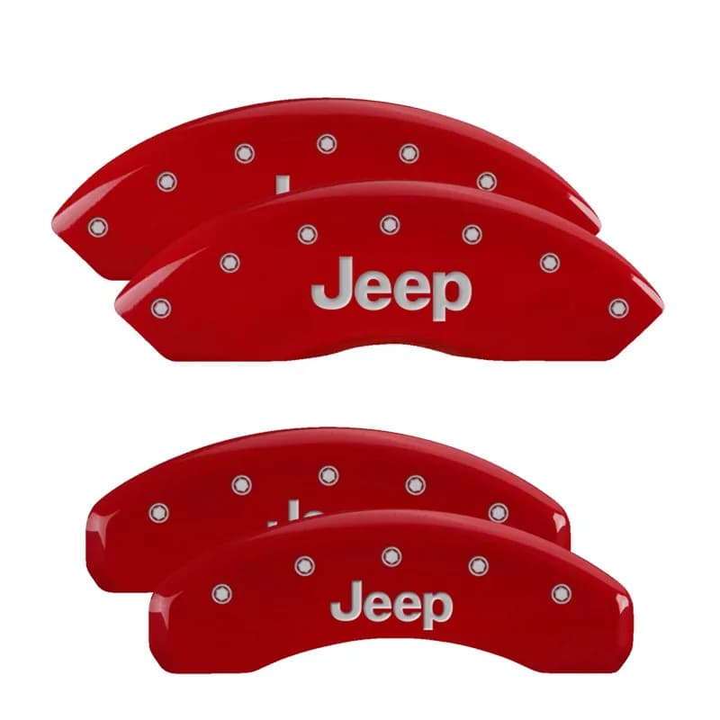 Set Of 4 Caliper Covers Engraved Front And Rear Jeep Red Finish Silver Characters 2018-2024 Jeep Wrangler JL BRY brake code MGP Caliper Covers