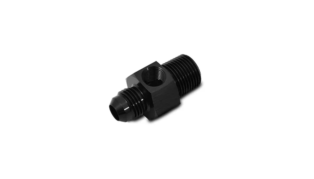 Male an to Male Npt Union Adapter Fitting; -8an; 0.25 In. Male Npt; 6061 Aluminum; Black Anodized; W/0.125 In. Npt Port; Flare;