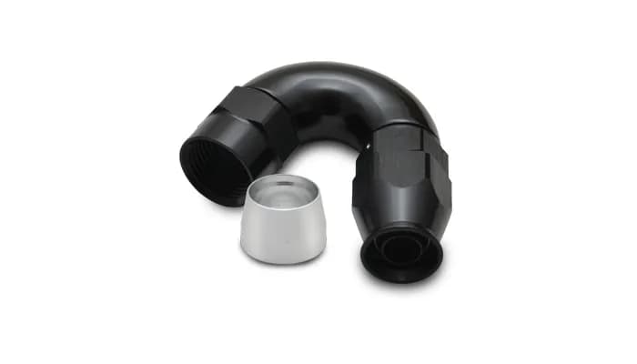 150 Degree High Flow Hose End Fitting; -8AN; 6061 Aluminum; Black Anodized; For PTFE Lined Hose;