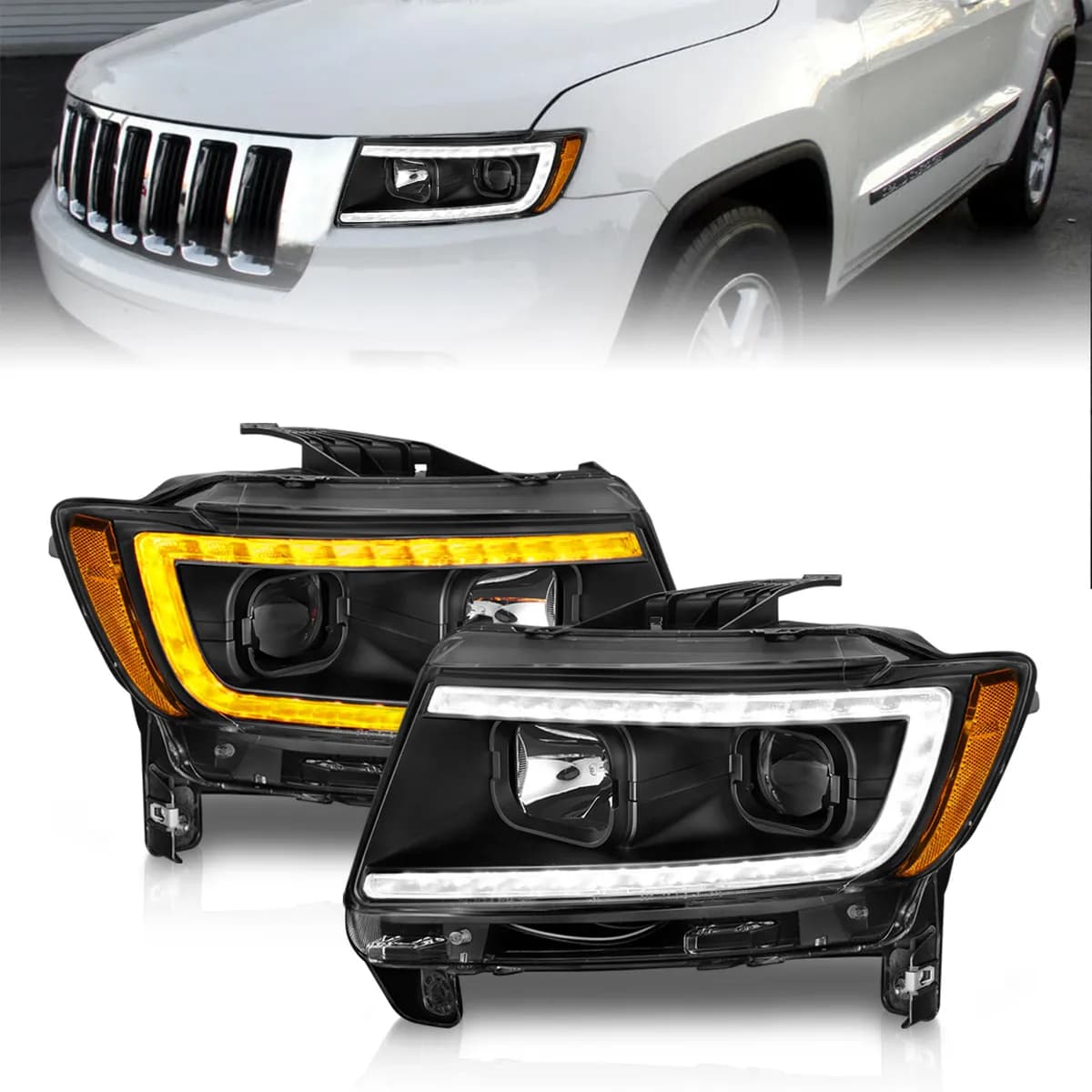 Projector Headlight Set; Clear Lens; Black Housing; w/Light Bar Switchback; Pair;