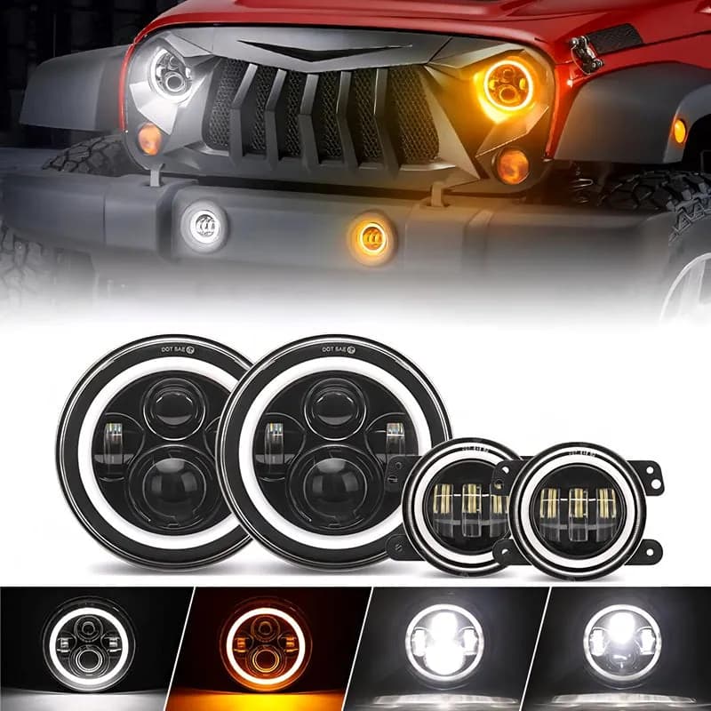 4-in-1 Controlled 7'' LED Halo Headlights and 4'' Cree LED Halo Fog Lights with Turn Signals for Jeep Wrangler JK