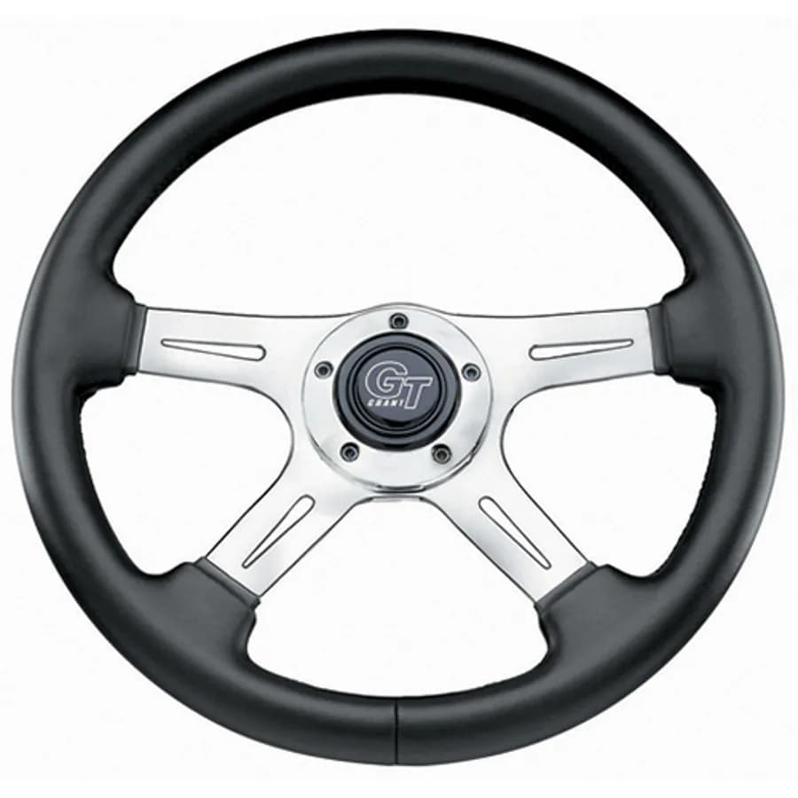 Elite GT Steering Wheel; 14 in. Diameter; 3 3/4 in. Dish; Black Leather Grained Vinyl Grip; Polished Aluminum 4-Spoke Design;