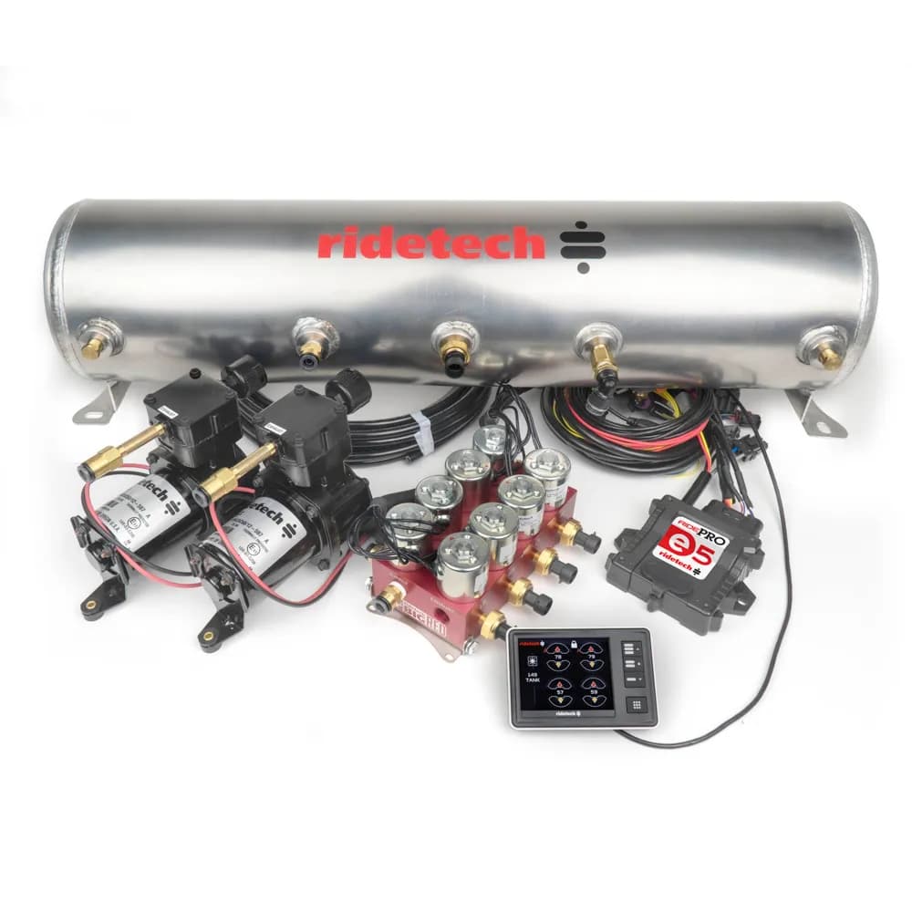 Bigred Ridepro E5 Air Suspension Control System W/ 5 Gallon Tank 2 Air Compressors 5 Gallon Tank Bigred Electric Valve Touch Screen Display Ecu Pressure Sensors Wiring Harness 1/4 Inch Airline And Fittings Ridetech