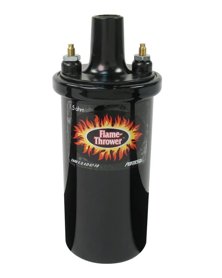 Coil - Pertronix Flame-Thrower Coil. 40,000-Volt Rated With 1.5-Ohms of Resistance. Black Oil Filled Canister Style.