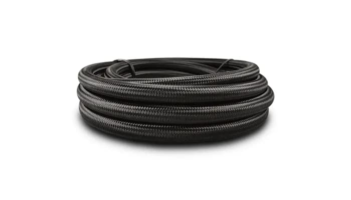 Nylon Braided Flex Hose; -10AN; 0.516 in. Hose ID; 0.625 in. Hose OD; 6.6875 in. Bend Radius; 2000 PSI Operating Pressure; 6000 PSI BP; 10ft. Roll; Black; w/PTFE Liner;