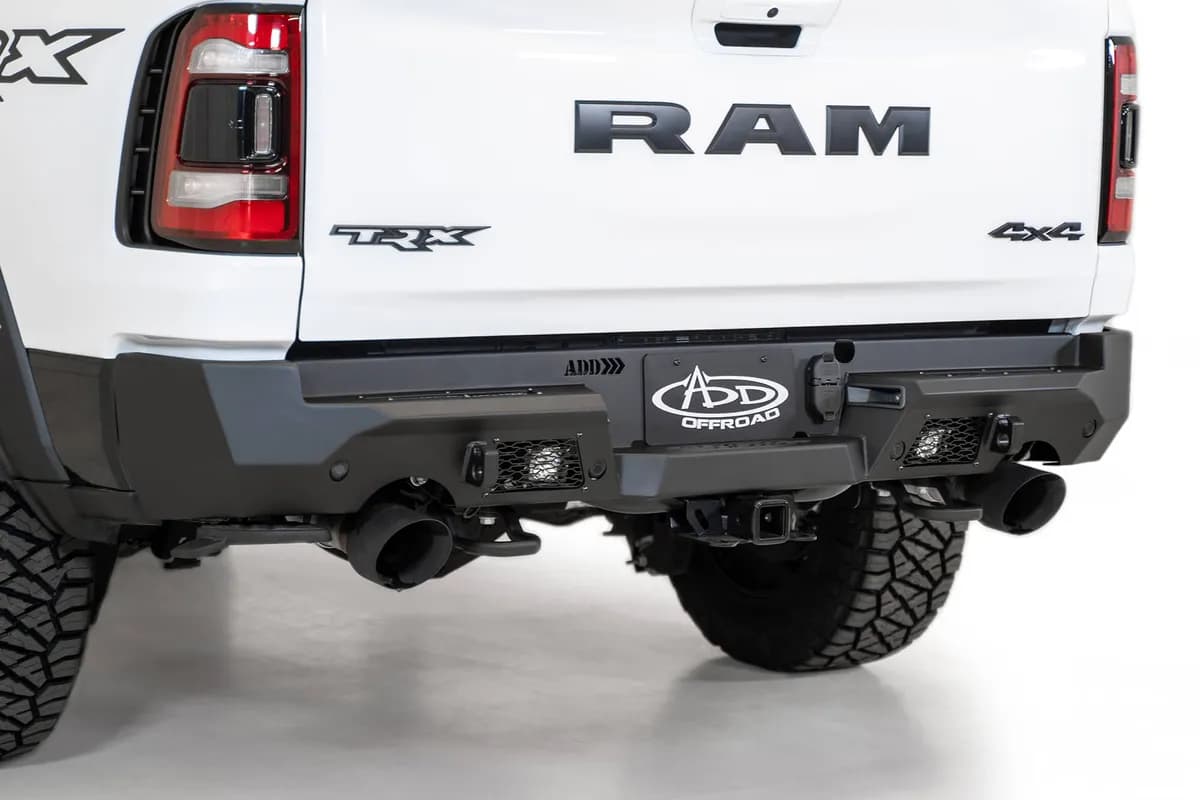 RAM 1500 Trx Stealth Fighter Rear Bumper With D-Rings With 2 Rigid Duallies in Hammer Black With Satin Black Panels 2021 RAM 1500 Trx