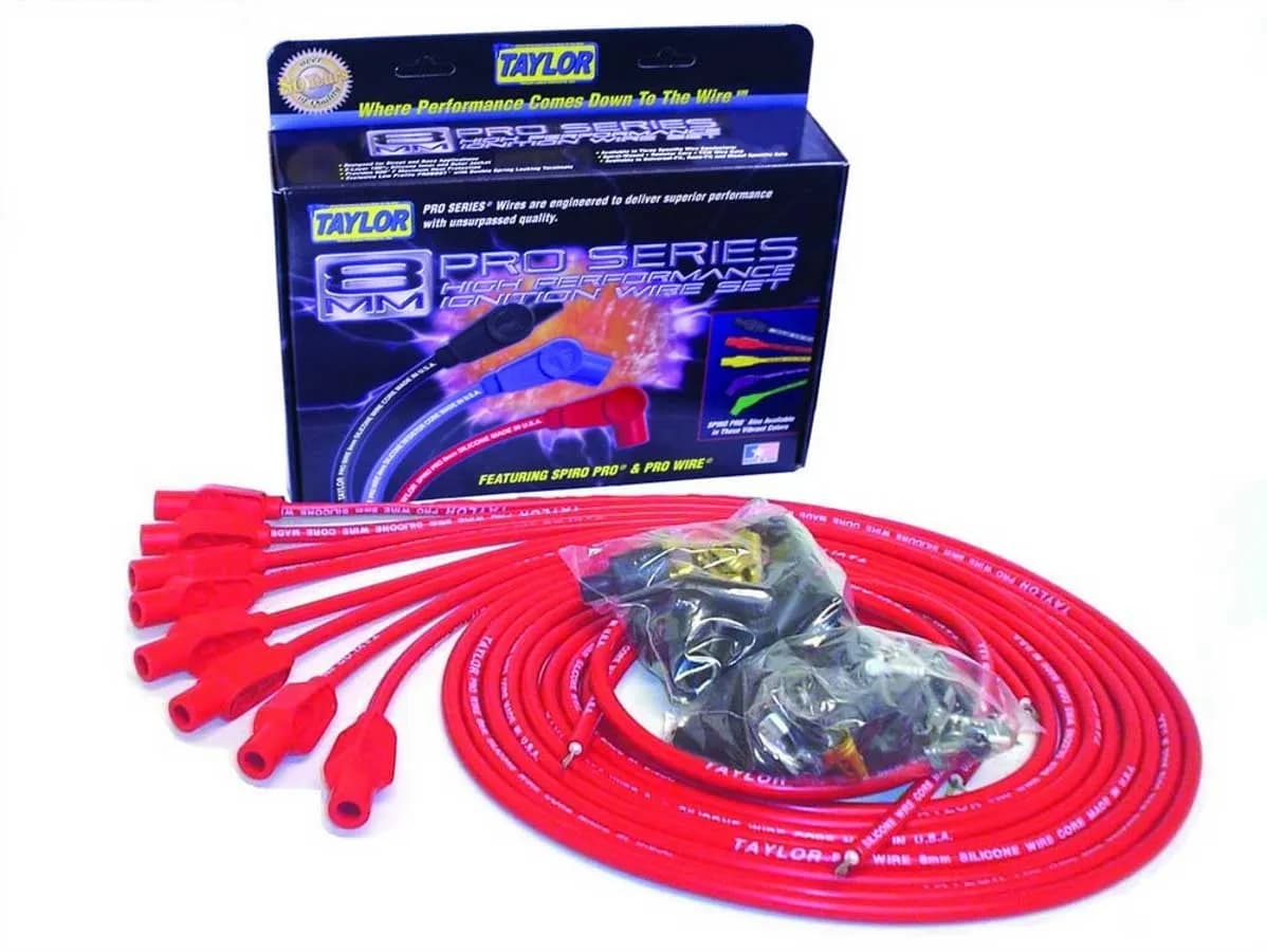 Taylor Cable Universal 8mm Tinned Copper Wire Pro Spark Plug Wire Set - 8 Cylinders - 180° Spark Plug Boot Angle - Red - 70254