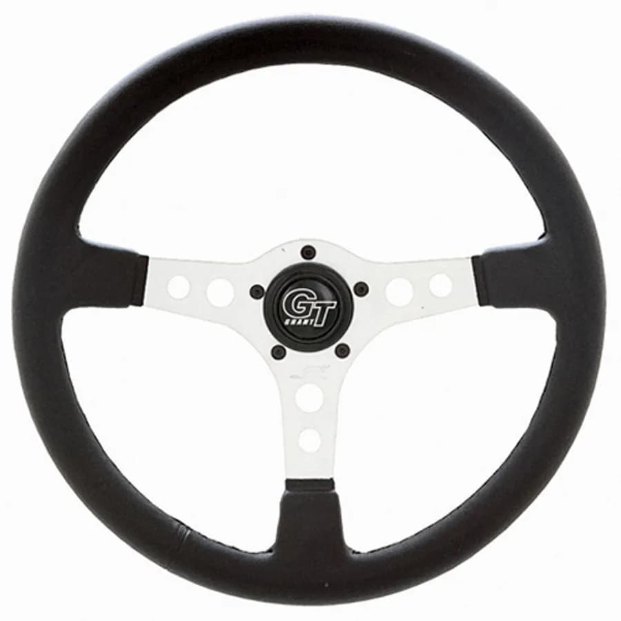 Formula GT Steering Wheel; 14 in. Diameter; 3 1/2 in. Dish; Black Leather Grained Vinyl; Silver Anodized 3-Spoke Design;
