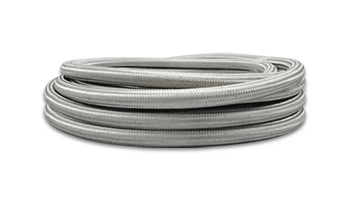 Stainless Steel Braided Flex Hose; -12AN; 0.641 in. Hose ID; 0.766 in. Hose OD; 9.875 in. BR; 1000 PSI Operating Pressure; 4000 PSI BP; Natural; 20 ft. Roll; w/PTFE Liner;