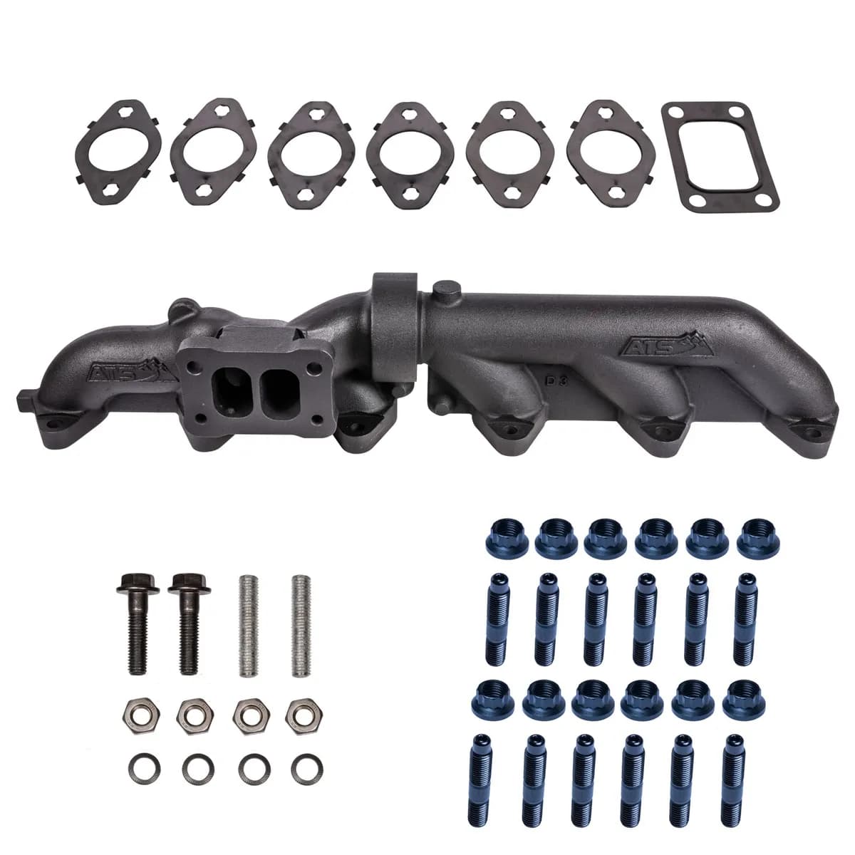 ATS Pulse Flow Exhaust Manifold Kit Fits 2003-2007 5.9L Cummins 2-Piece T3 T4 With Optional Premium Hardware And Gaskets