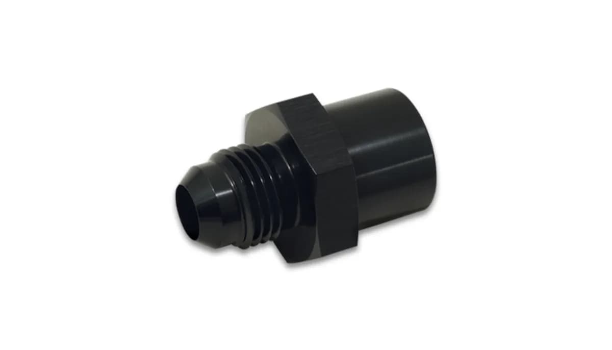 Male AN to Female Metric Adapter Fitting; -6AN; M14x1.5 Metric Size; 6061 Aluminum; Black Anodized;