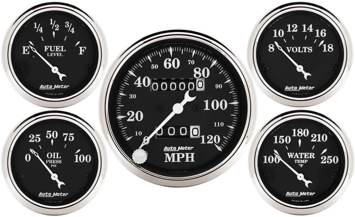 5 Pc. Gauge Kit, 3-1/8 In. & 2-1/16 In. , Mech. Speedometer, Old Tyme Black