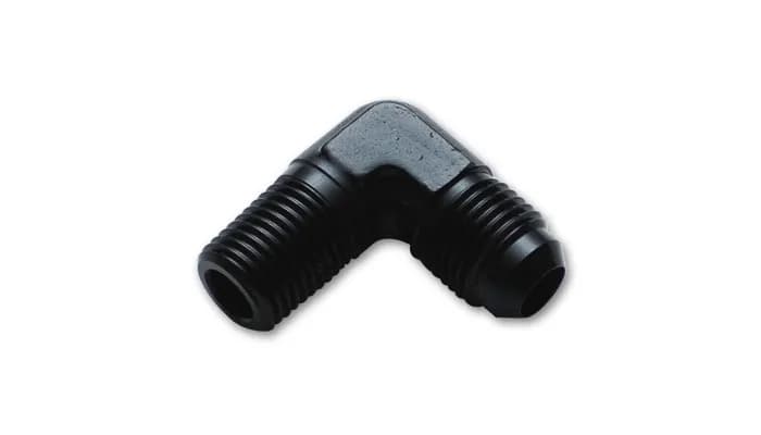 90 Degree AN to NPT Adapter Fitting; -10AN x 0.75 in. NPT; 6061 Aluminum; Black Anodized;