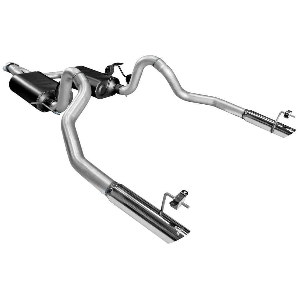99-04 Ford Mustang LX 3.8L/3.9L V6 Incl. Flanged Y-Pipe Hardware 2.50in Outlets Super 40 Series Mufflers Logo Embossed Stainless Tips Force II DOR Mandrel Bent Tubing 16 Gauge Aluminized Steel