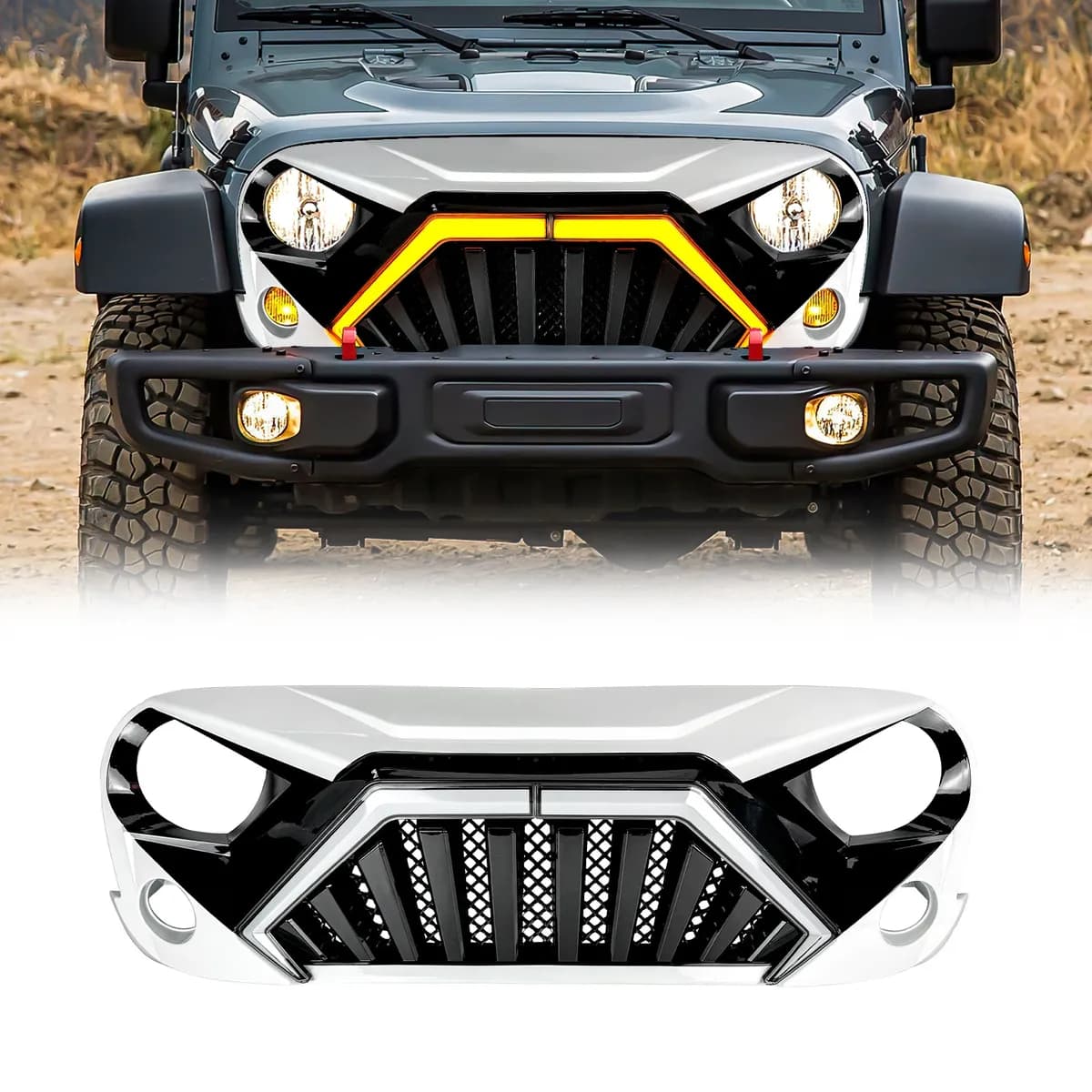 Goliath Grille W/ LED DRL and Turn Signals - White & Black For 07-18 Jeep Wrangler JK