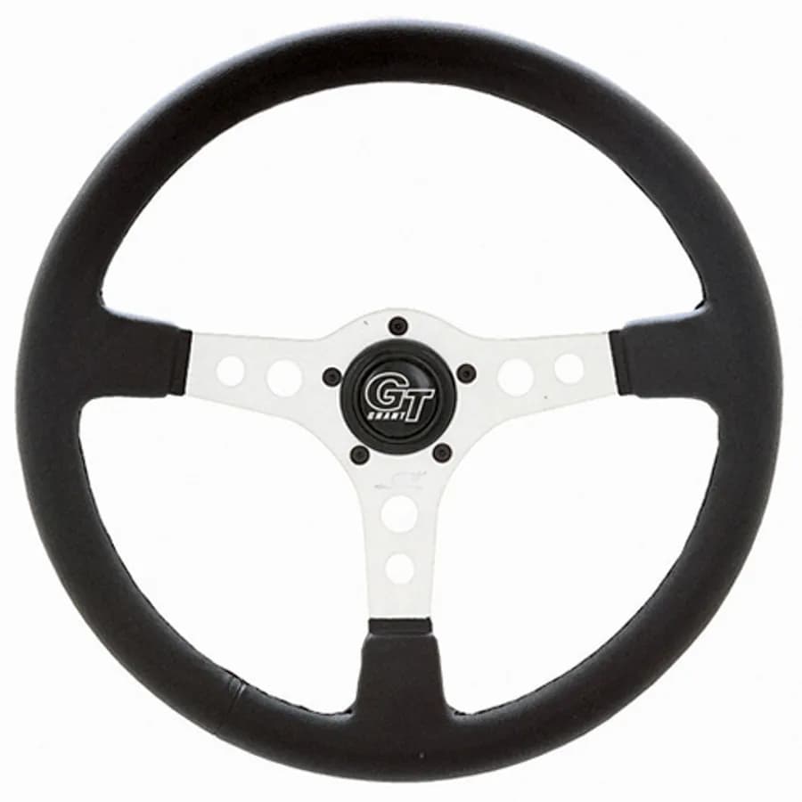 Formula GT Steering Wheel; 15 in. Diameter; 3 in. Dish; Black Vinyl Hand Grip; Silver Satin Anodized 3-Spoke Design;