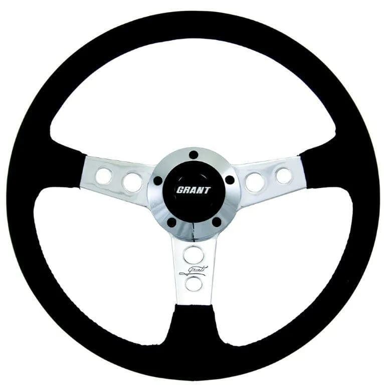 Collectors Edition Steering Wheel; 14 in. Diameter; 3 3/4 in. Dish; Black Leather Grip; Polished Alum 3-Spoke Design; 2 Hole Cut Out Spoke; Incl. Trim Ring/Black Styling Sleeve;