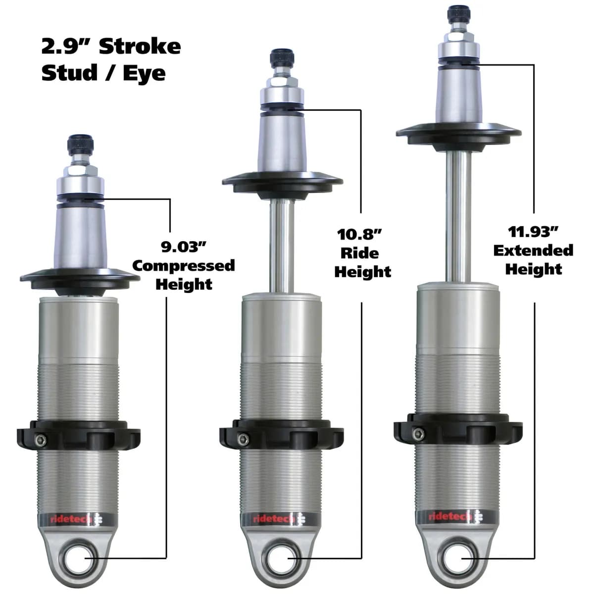 HQ Coil-Over Shock W/ 2.9 Inch Stroke And 2 Inch Stud Mount Universal 1 Rebound Adjustable Shockspring Mounts Delrin Spring Washers And Bearing Spacers 1/2 Inch And 5/8 Inch 9 Inch X 11.9 Inch W/ A 10.5 -10.75 Inch Ride Height Ridetech
