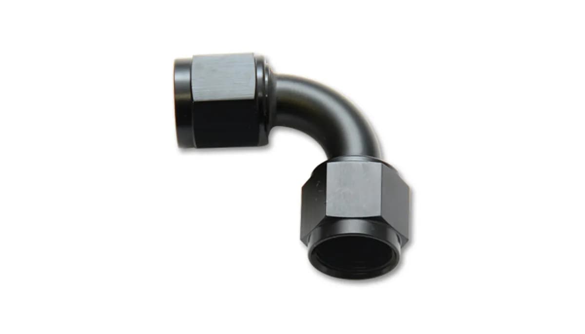 Female 90 Degree Union Adapter Fitting; -20AN x -20AN; 6061 Aluminum; Black Anodized;