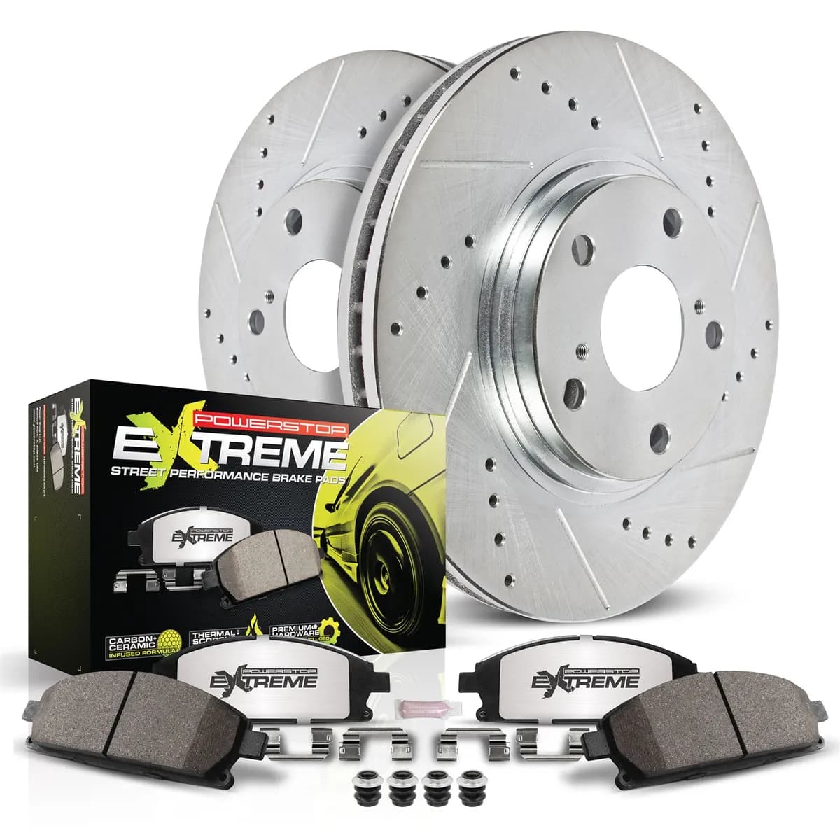 Z26 Street Warrior Upgrade Kit: Drilled/Slotted Rotors; Carbon-Fiber Ceramic Pads w/Hardware; Pad Sensors