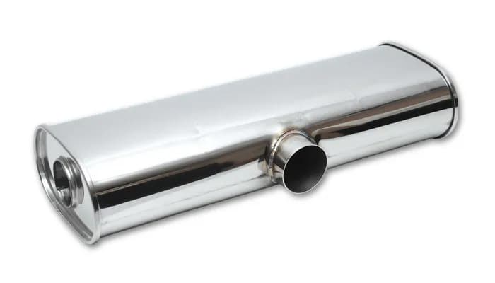 Transverse Oval Muffler; Universal; 3.5 in. Single Inlet ID; 3 in. Dual Outlet ID; 24 in. Overall Length; 6 in. Height; 10 in. Width;