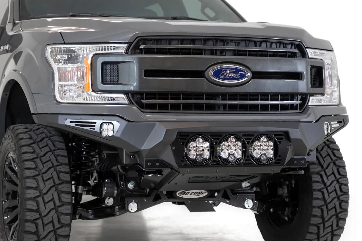 Ford F-150 Bomber Front Bumper with 3 Baja Designs LP6 Mounts and Dually Mounts on Sides in Hammer Black with Satin Black panels